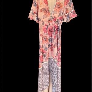Pink Floral Wrap Maxi Dress with Tie Waist